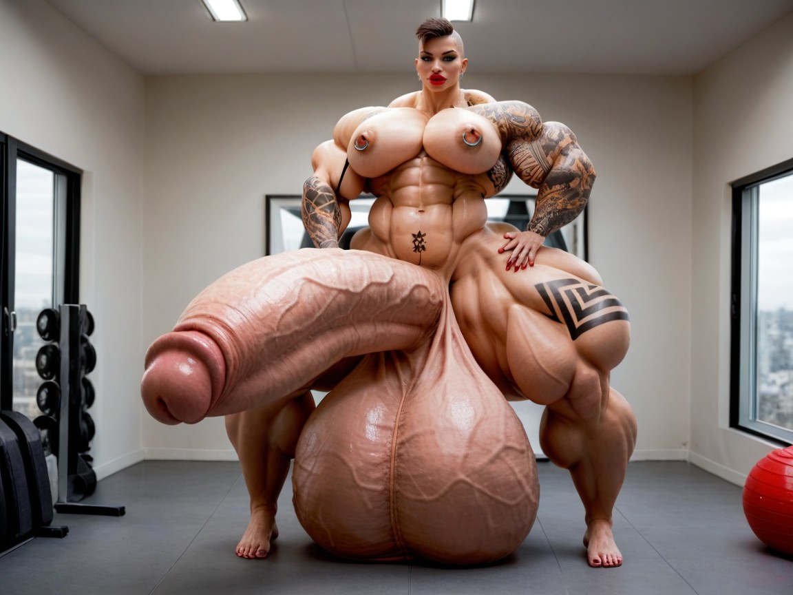 Giant Bulging Penis, Nipple Piercing, Hyper Absurdly Oversized Extremely Enormous Gigantic Massive Muscle Porno IA transsexuelle