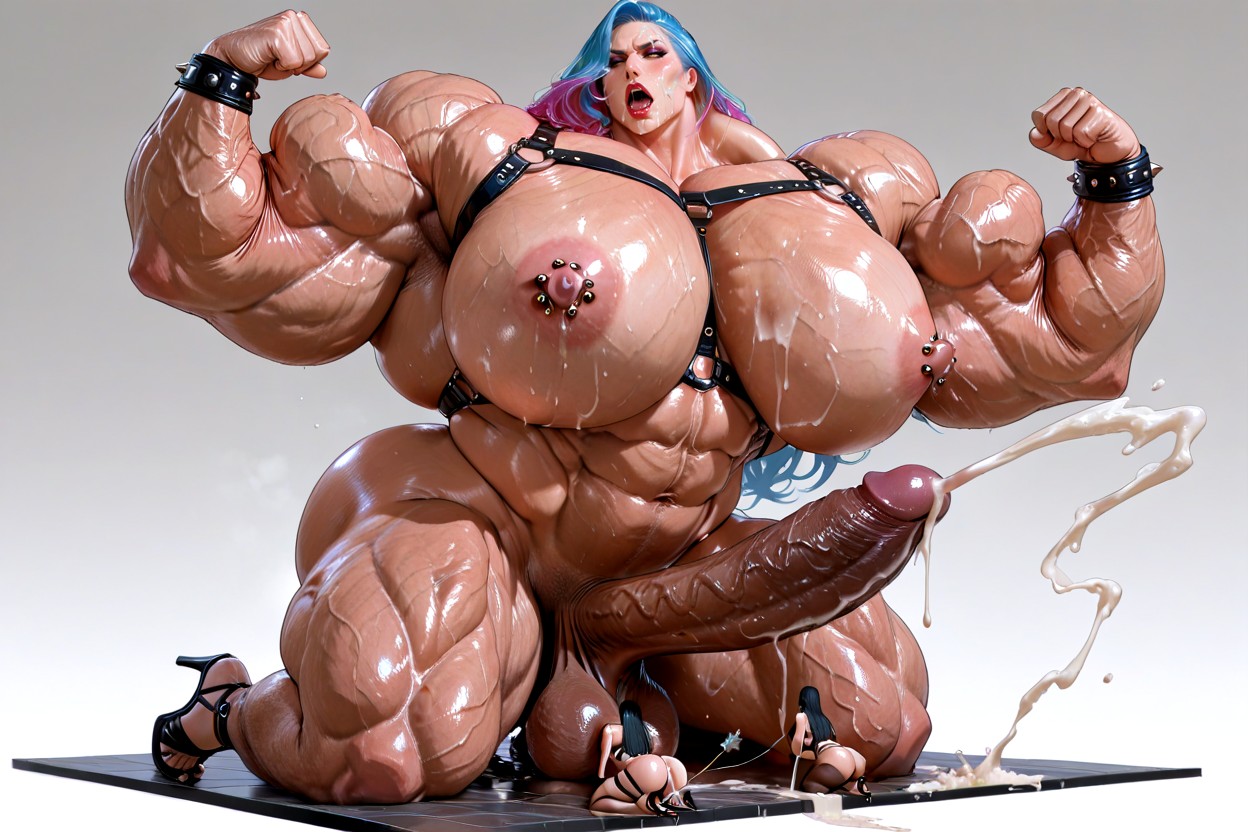 Oiled Skin, Hyper Veiny Quads, Kneeled Flexing One Arm And Anal Spitroasting A Bimbo On The Floor Shemale AI Porn