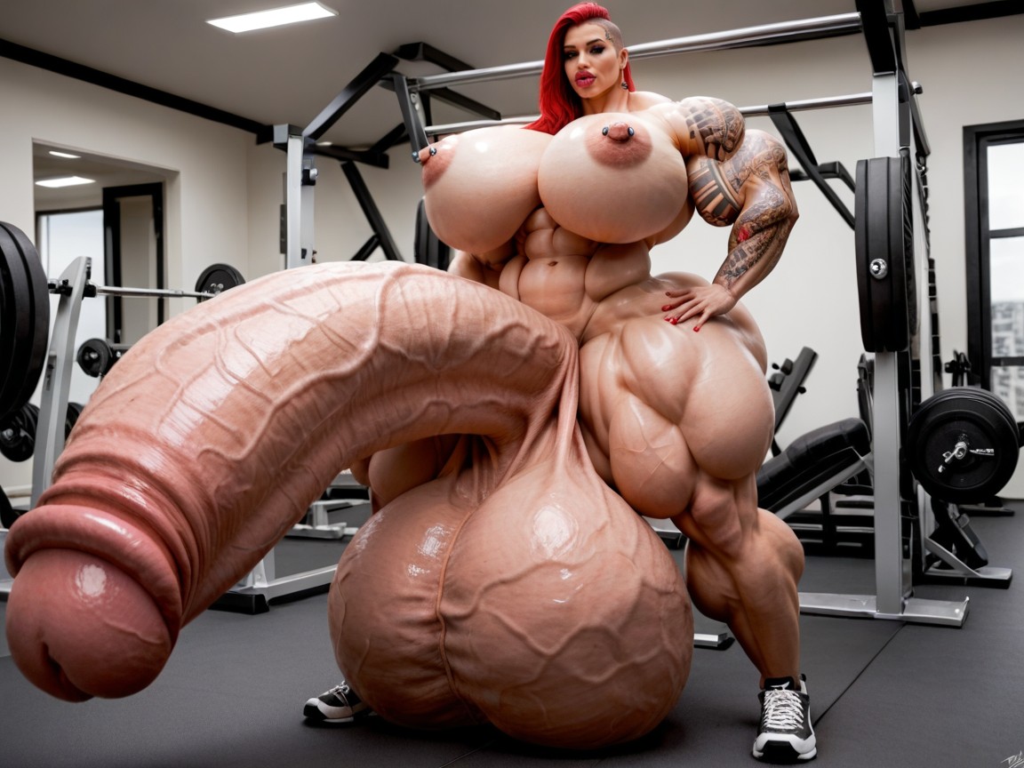 Hyper Gigantic Massive Penis, Nipple Piercing, Full Body View Porno IA transsexuelle