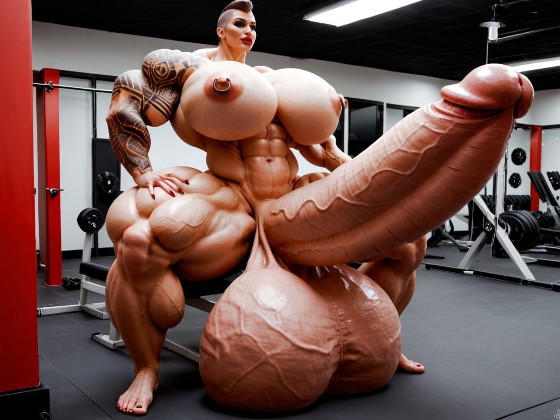 Buzzcut Hairstyle, Hyper Monster Oversized Enormous Gigantic Massive Wide Penis, Hyper Long Penis Travesti IA Pornô