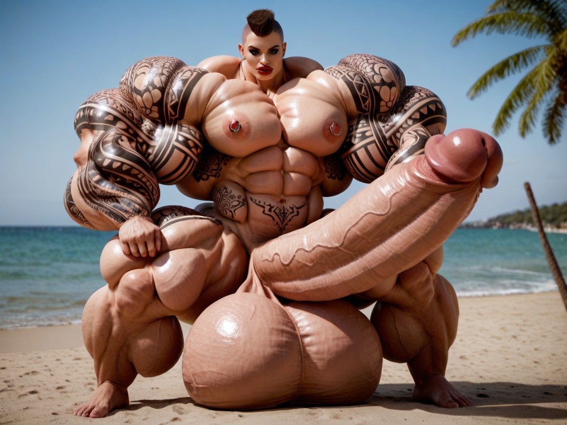 Tan Skin, Hyper Gigantic Balls, Extremely Muscular Shemale AI Porn