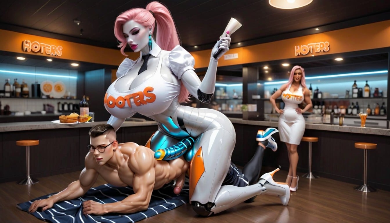 Futanari Robot Has Shiny Metallic Robot Penis Consisting Of Metallic Segments And Shiny Metallic Head, Robot Balls Of Futanari Are Shiny Metallic, Futanari Robot Has Huge Shiny Metallic Penis With Robotic Design Shemale AI Porn