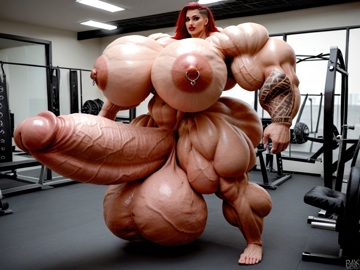 Full Body Tattoo, Hyper Monster Oversized Muscle, Hyper Oversized Gigantic Penis Porno IA transsexuelle