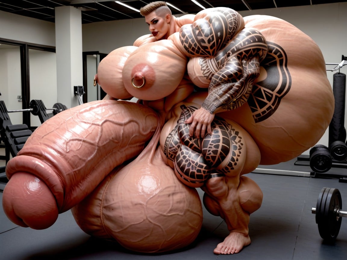 And Biceps The Size Of The Gym, Hyper Monster Oversized Gigantic Massive Cock, Buzzcut Hairstyle Travesti IA Pornô