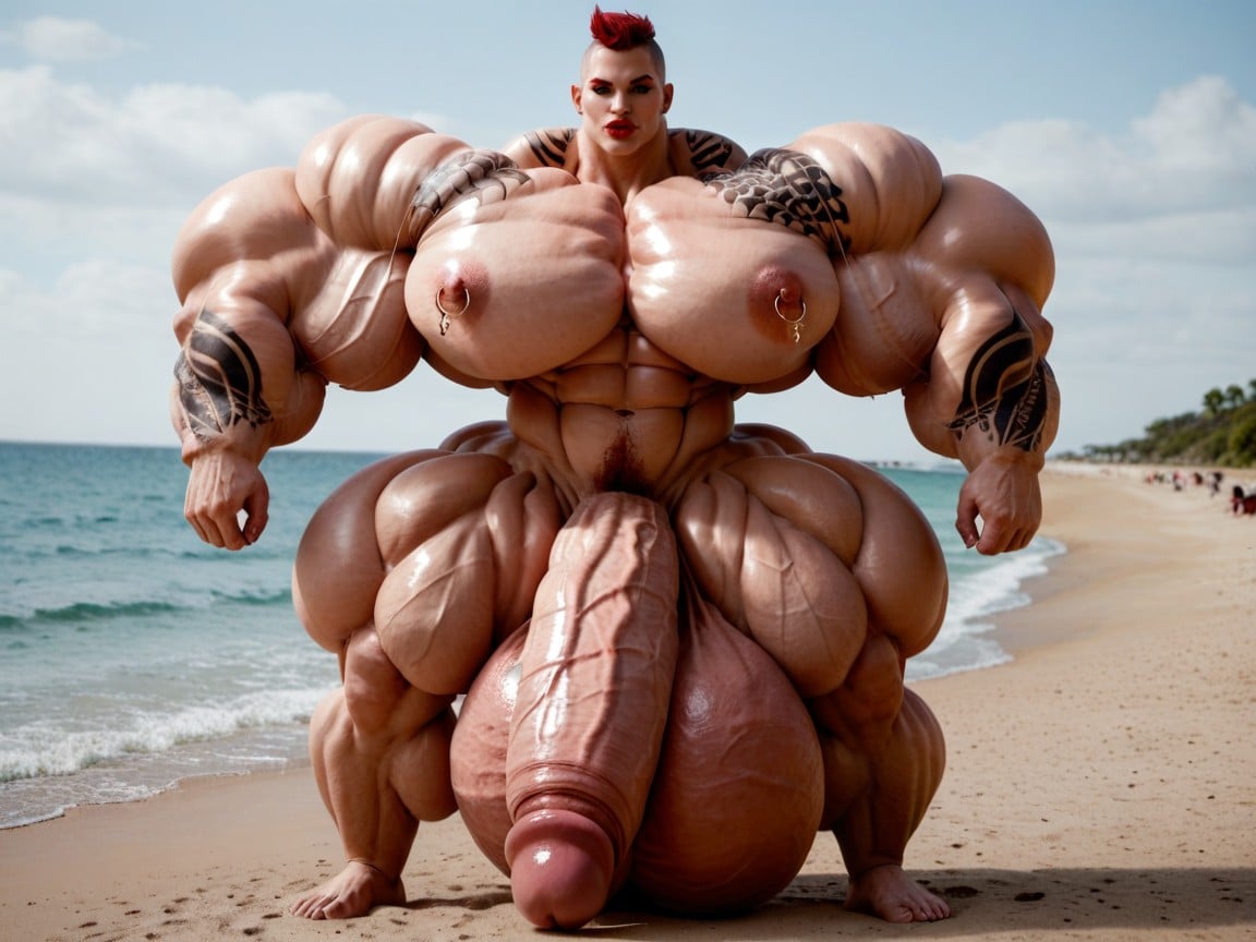 Hyper Vins On Muscle, Full Body View, Hyper Monster Oversized Gigantic Muscle Travesti IA Pornô