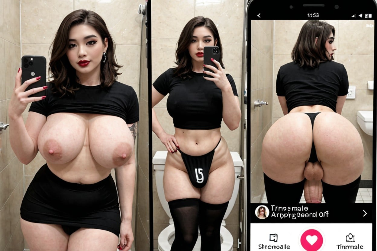 Brunette Hair, Korean Goth Style, Phone Sceen On Right Panel Showing Futa Dating Profile 쉬메일 AI 포르노