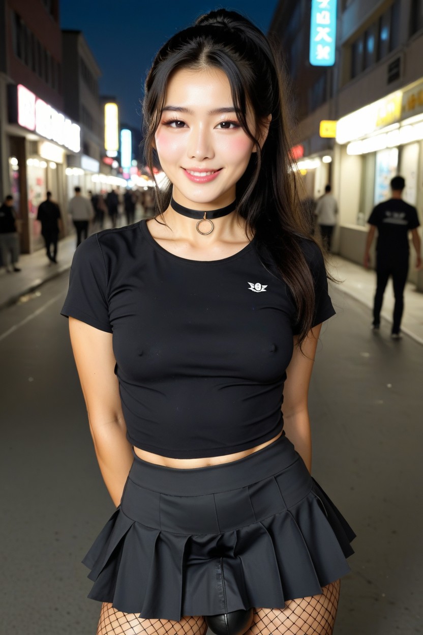 Street, Neon Lights, Stunning Hot Korean Shemale Woman ニューハーフAIポルノ