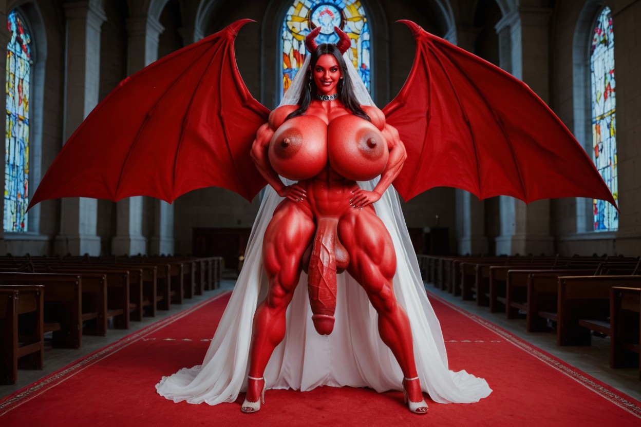 Gigantic Red Breasts, Back Big Wings, Standing Shemale AI Porn
