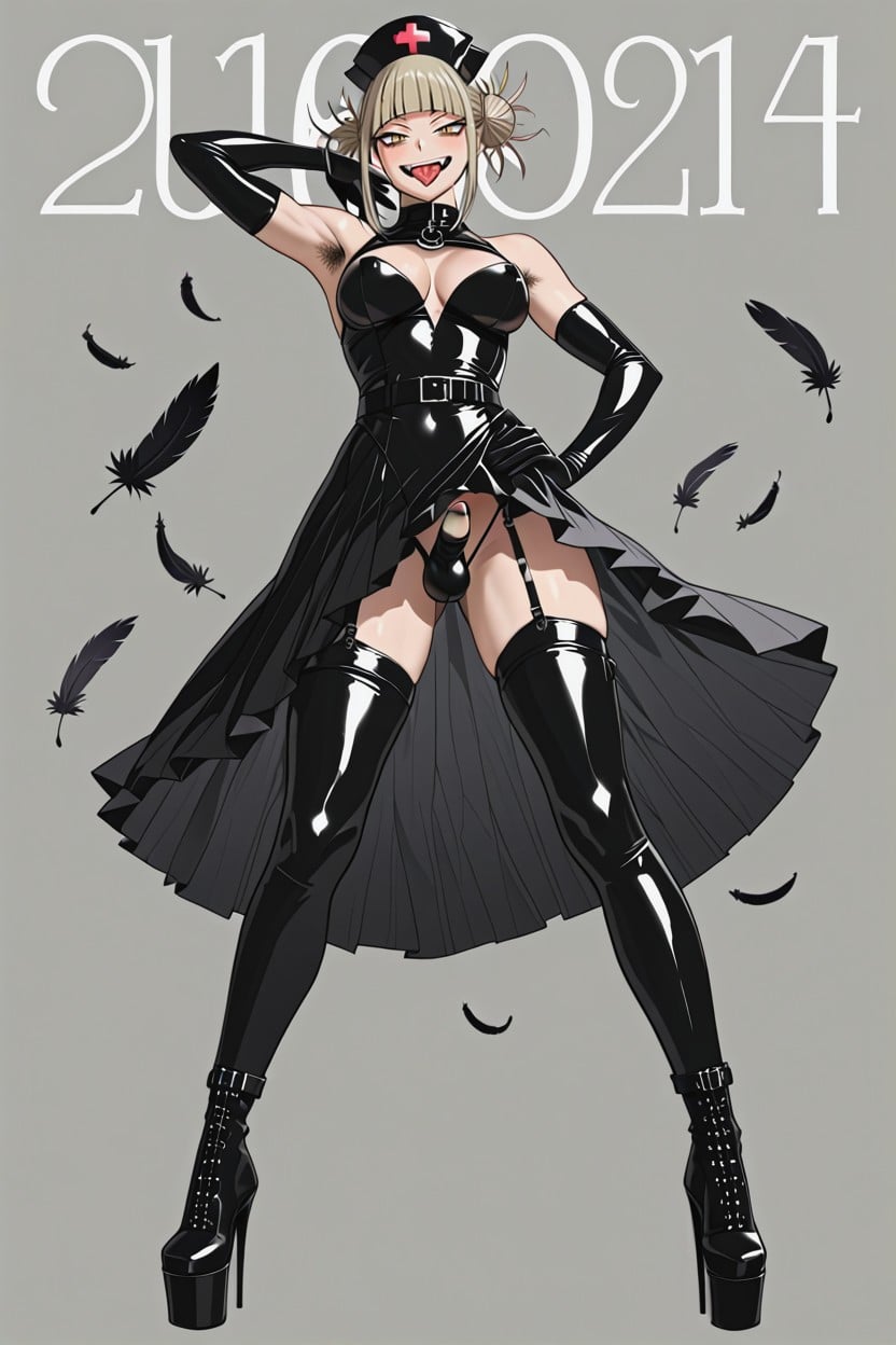 Right Thigh Only Wrapped Thigh Harness Belt Holding Many Used Condoms, Show Armpits, Black Nurse Cap Shemale AI Porn