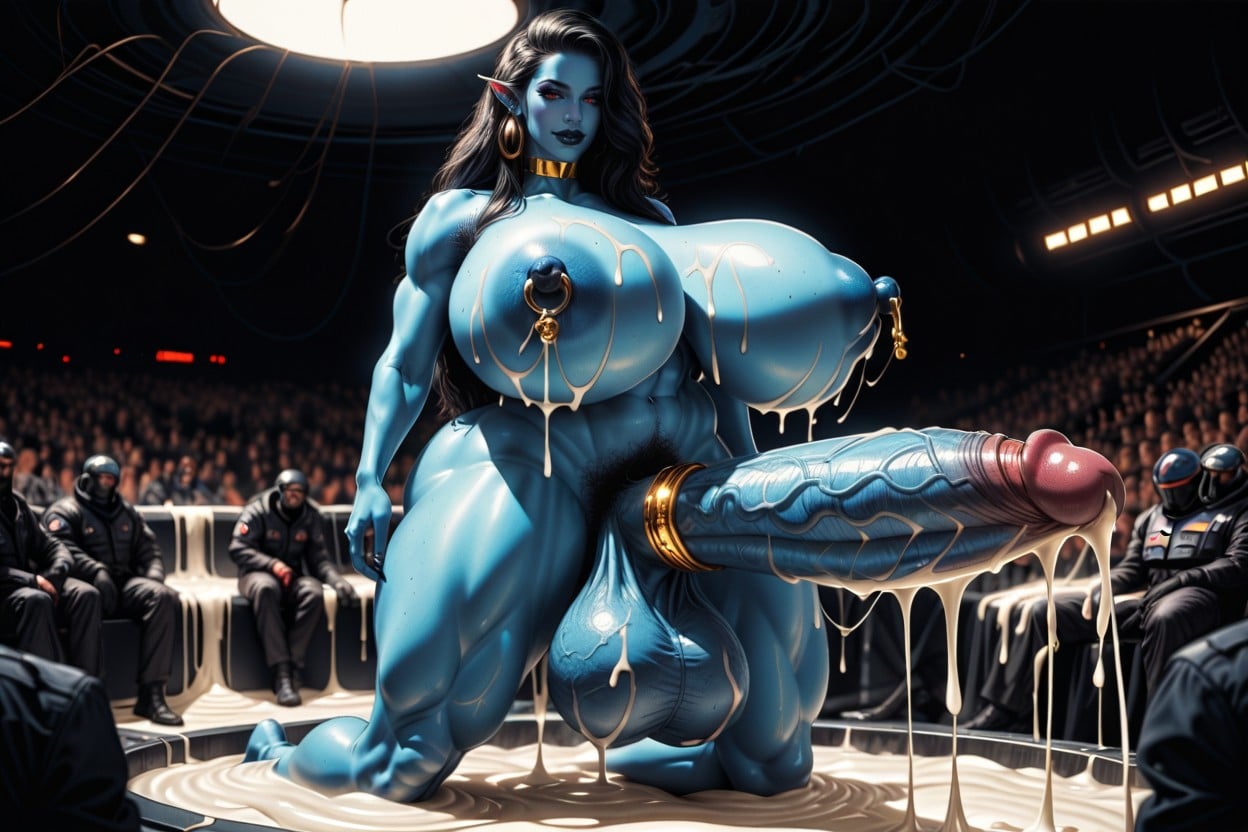 Blue Penis, Black Hair, Hyper Bukkake On Body Shemale AI Porn