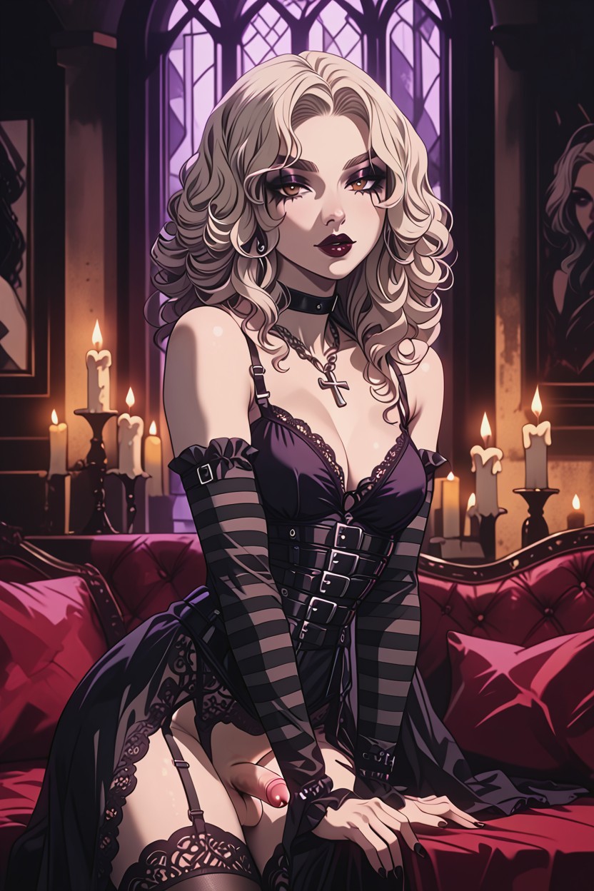 A Black Choker, Dark Neatly Groomed Slightly Arched Eyebrows, Lingerie Shemale AI Porn
