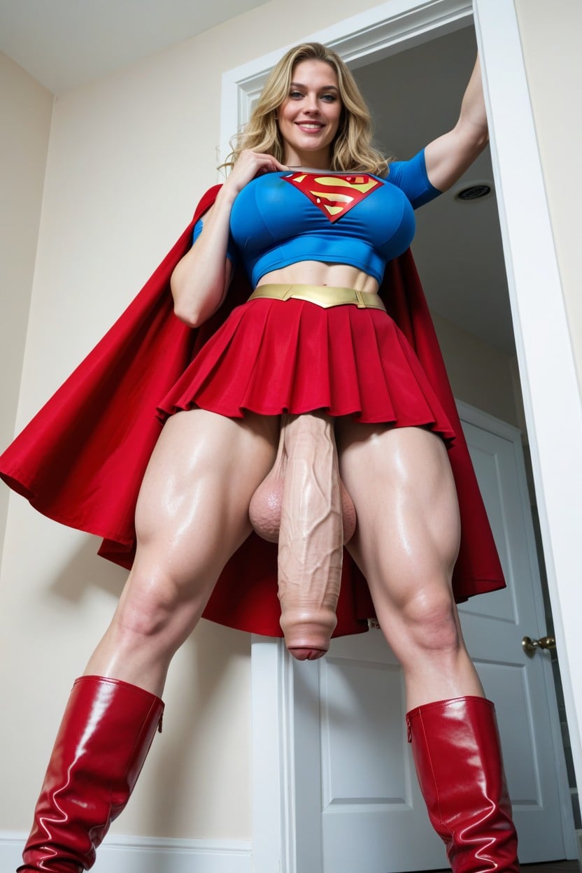 She Is Looking Down At Her Own Cock In Amazement And Smiling Smugly, Massive Swollen Sagging Balls, Very Tired Body Shemale AI Porn