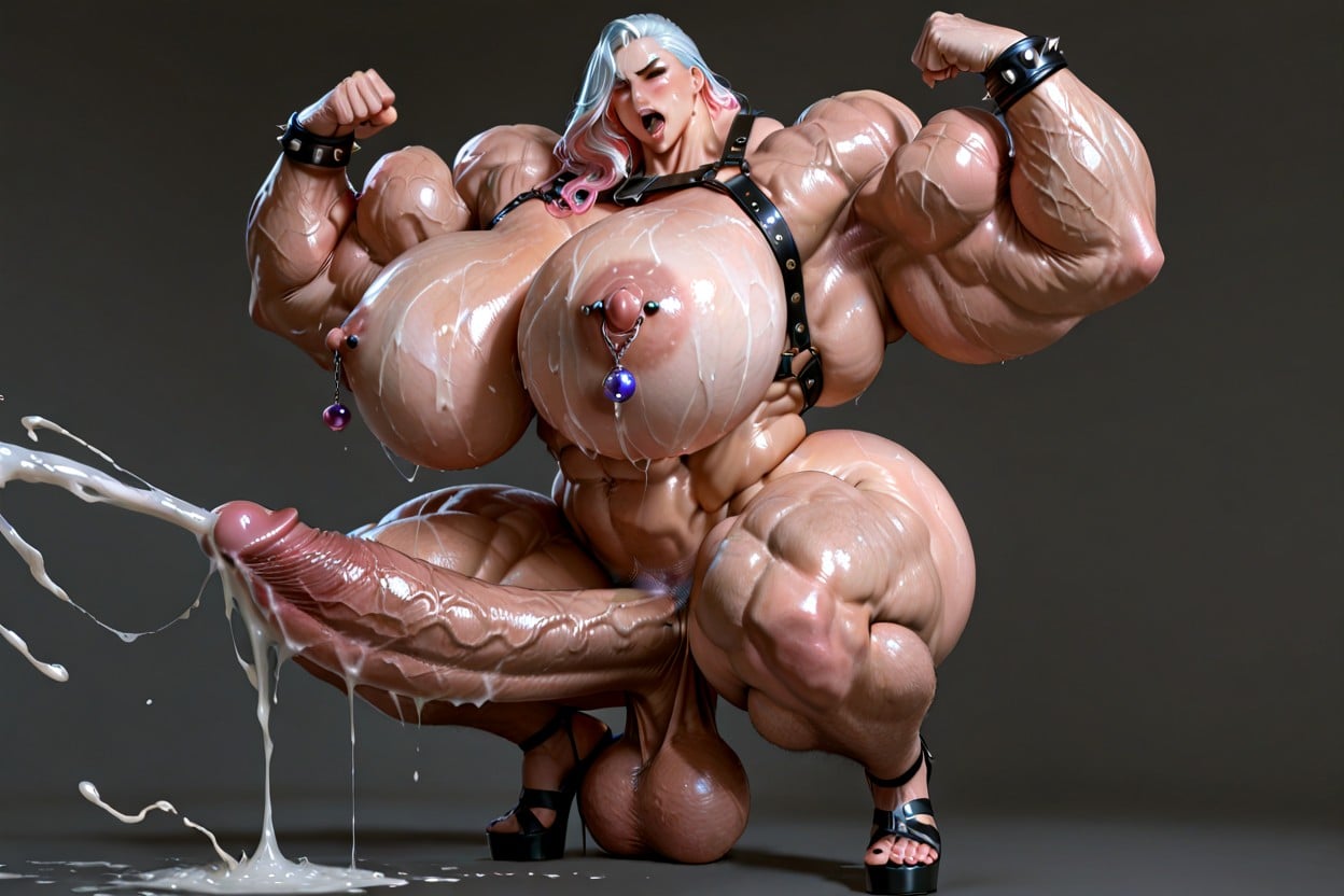 18+, Grey Background, Gigantic Muscular Shoulders 人妖AI色情