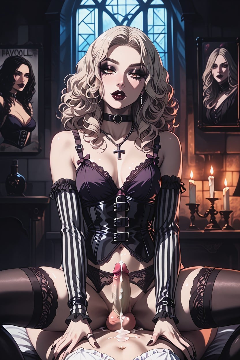 Creampie, Wearing A Gothic-inspired Black Lace Corset-style Top With Elegant Lace Detailing, Gothic Décor Shemale AI Porn