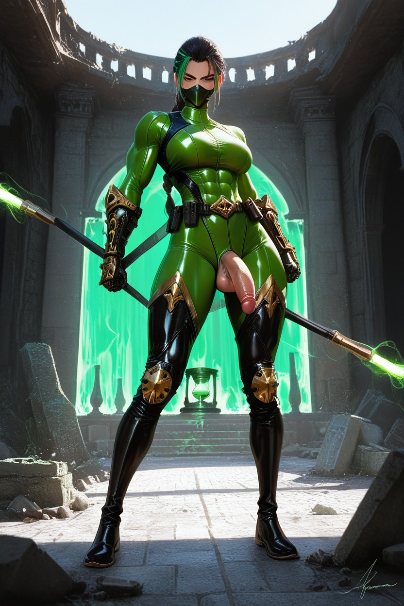 Athletic Feminine Physique, Lower Half Of Face Covered By An Emerald Green Ninja Mask With Gold Trim body Tall, Defined Abs Porno shemale IA