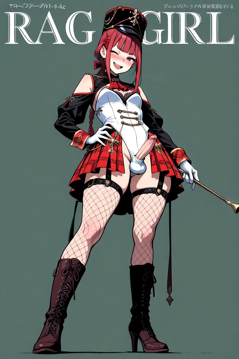 High Leg, Long Sidelocks Hair, Extremely Long Single Braided Hair With Rage Red Hair Bow Shemale AI Porn
