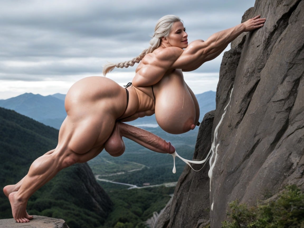 18+, Huge Cock, Clinging To The Edge Of A Cliff Shemale AI Porn
