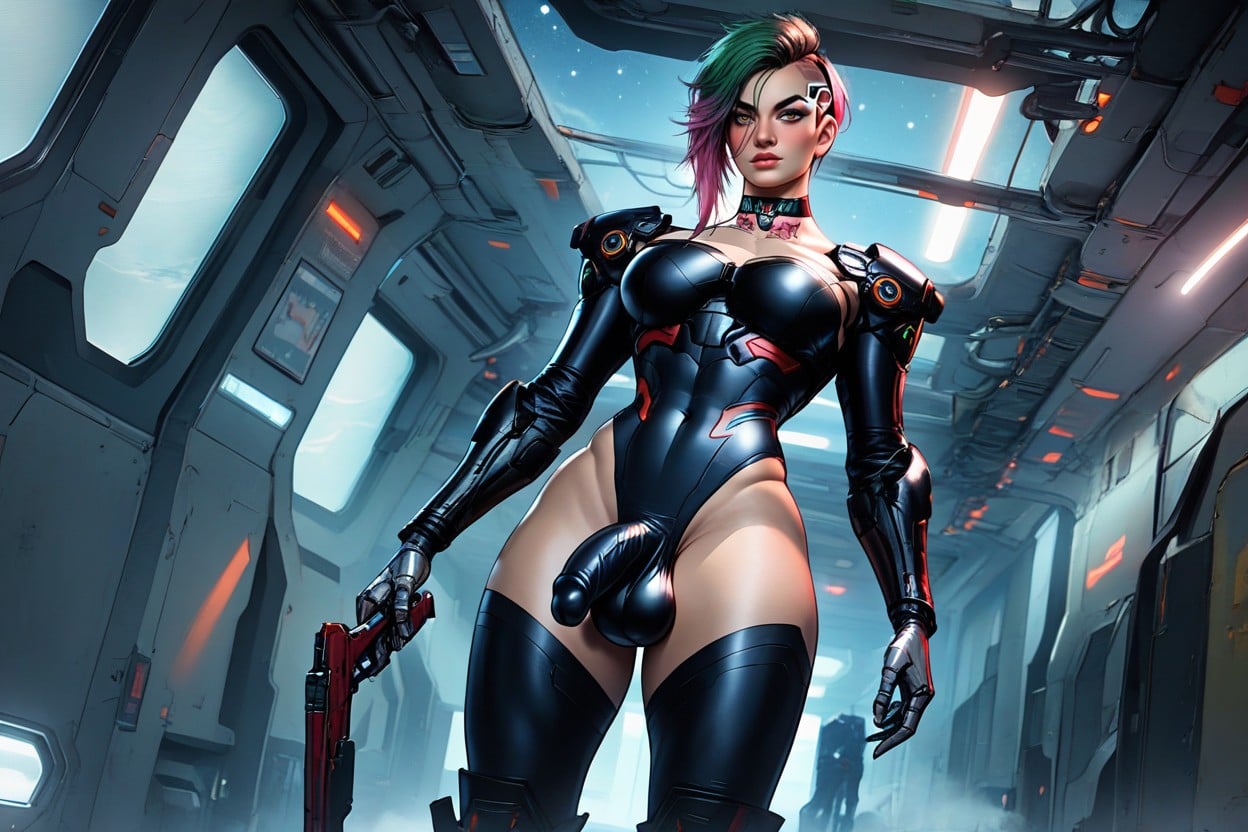 Metallic Robotic High-heeled Boots, Hair Over Left Eye, Full View Shemale AI Porn