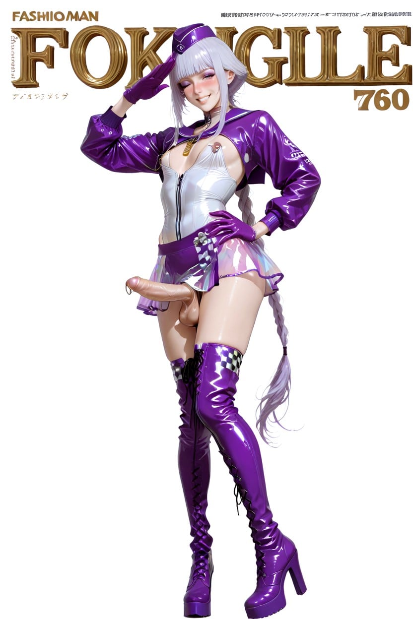 Purple Checkered Pattern On Leotard Side Panel, High Leg, Long Sidelocks Hair Shemale AI Porn