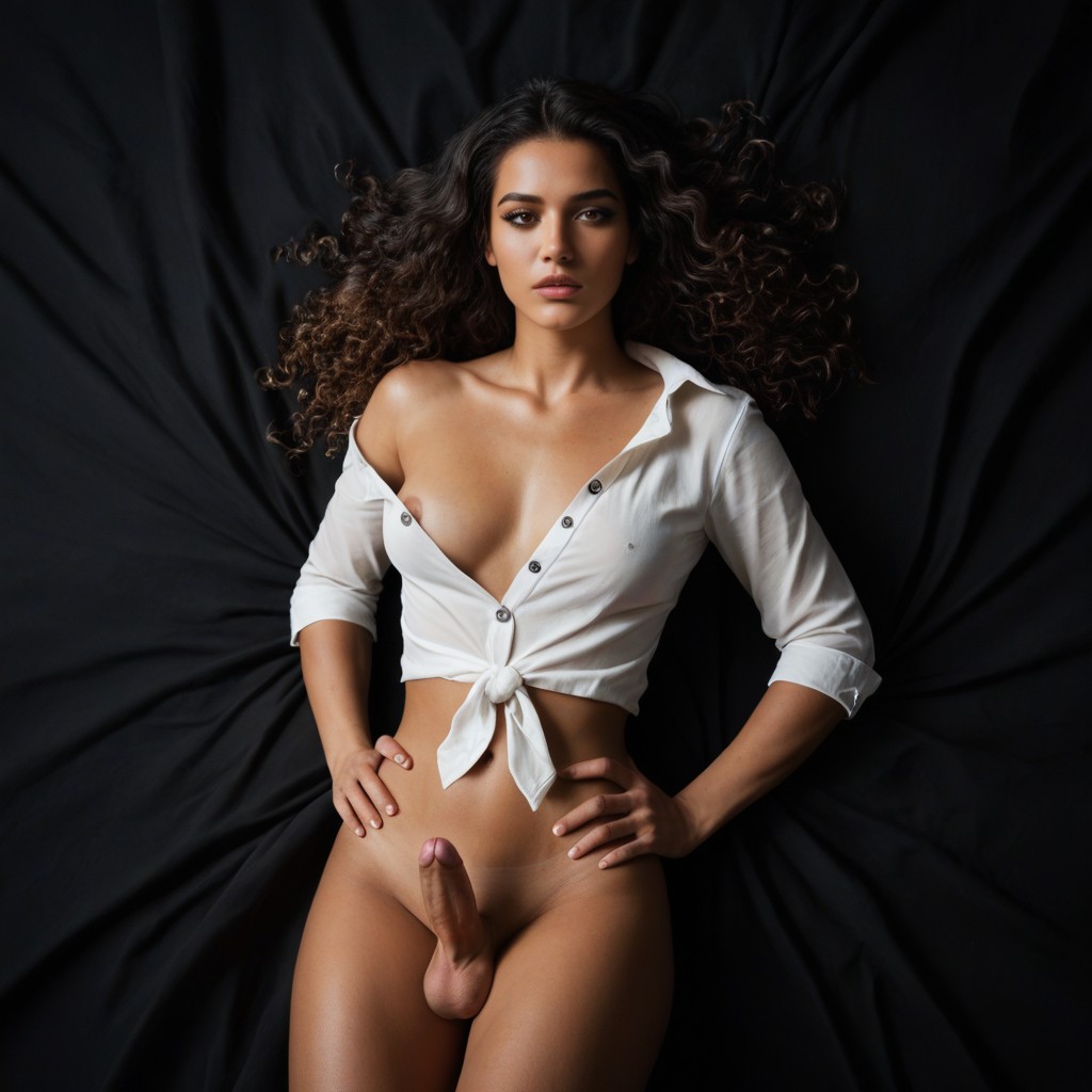 Floating Hair, Lying On Back On Black Sheets, Full Body Shemale AI Porn