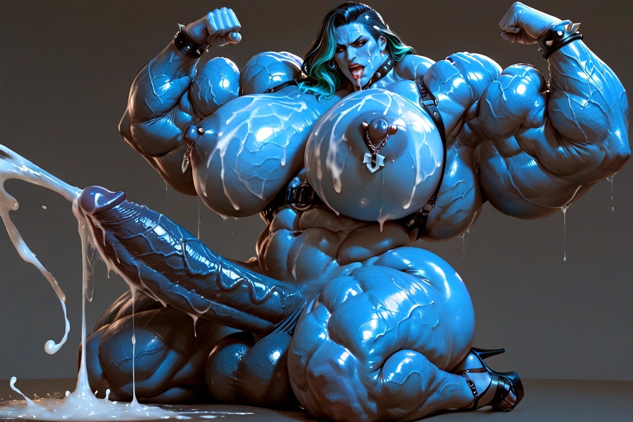Flexing, Spiked Cockring, Massive Veiny Abs Shemale AI Porn