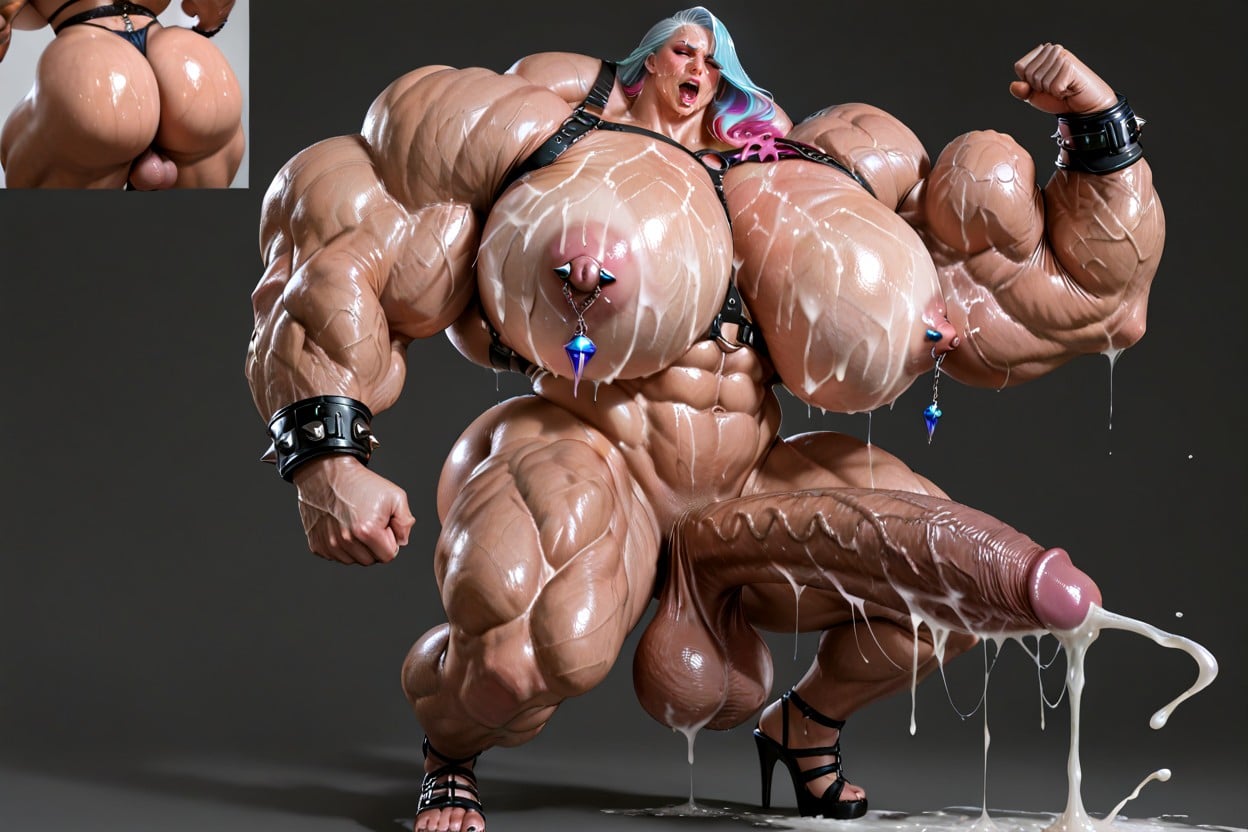 Thick Muscular Neck, Massive Veiny Abs, Grey Background Shemale AI Porn