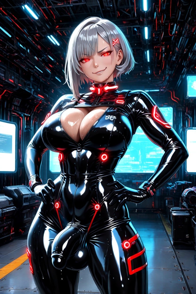Legs Slightly Apart, Girl, Clean Dark Gray Tight Latex Sci-fi Bodysuit Porno shemale IA