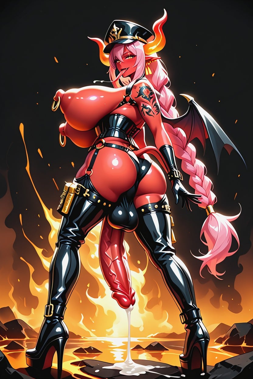 Hyper Long Cock, Simmetrycal Image Long Nipples, Black Latex Thighhigh Boots With High Heels And Red Soles Porno IA transsexuelle