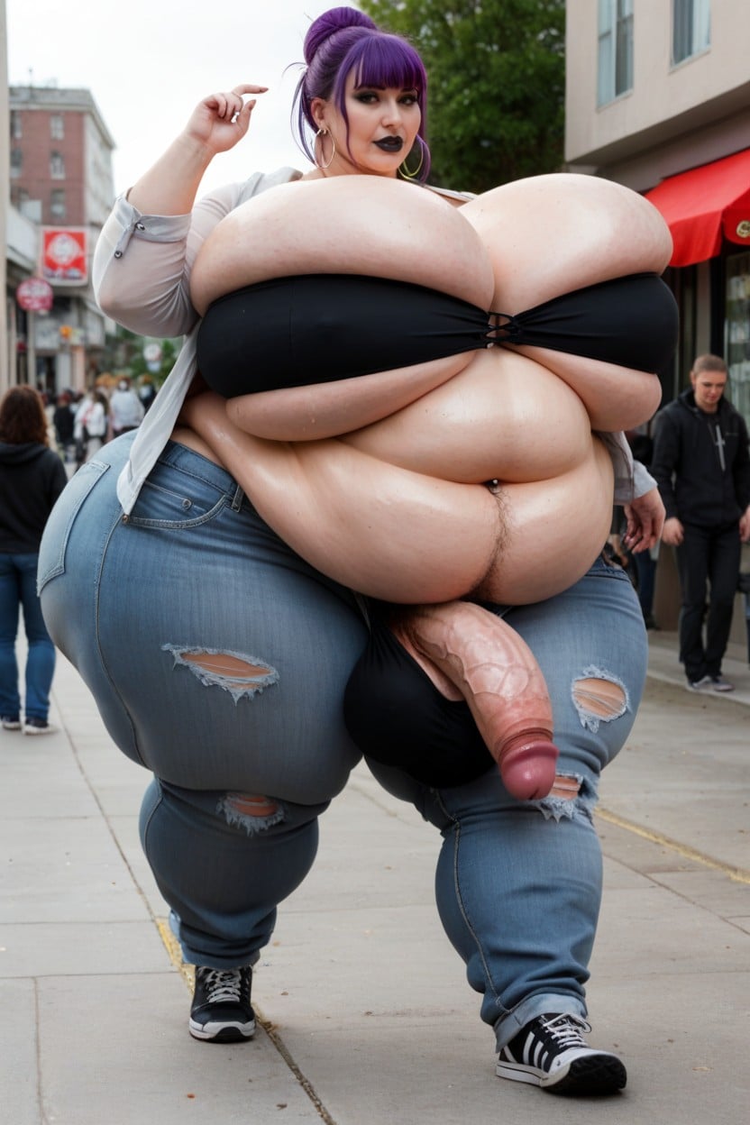 Hoodie Pulled Over Headobese Plump Lips Black Lipstick, Gigantesque, Vêtements Déchirés Porno IA transsexuelle