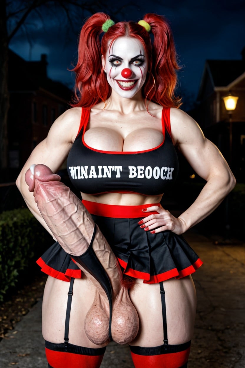 Night, Sexy Cheerleader Outfit With Skirt, Gigantic Balls Shemale AI Porn