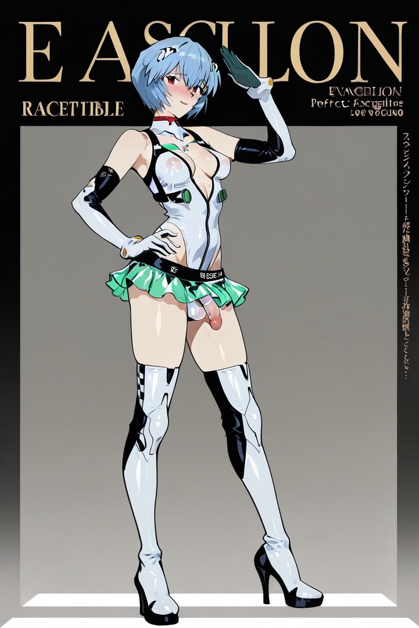 High Neck, Clear Transparent Showgirl Miniskirt, Fashion Magazine Cover Layout Porno IA transsexuelle