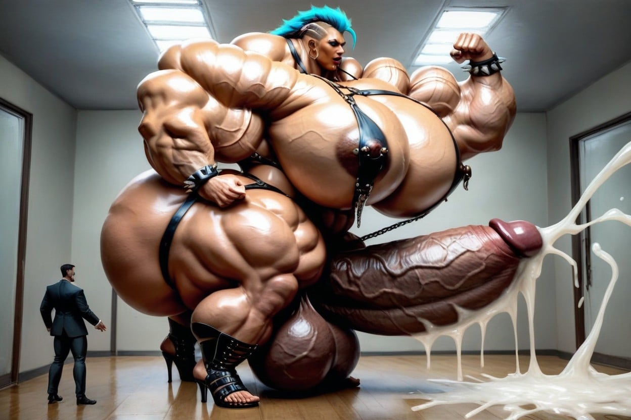 Oiled Skin, Gigantic Muscular Shoulders, Jeweled Pierced Nipples Shemale AI Porn