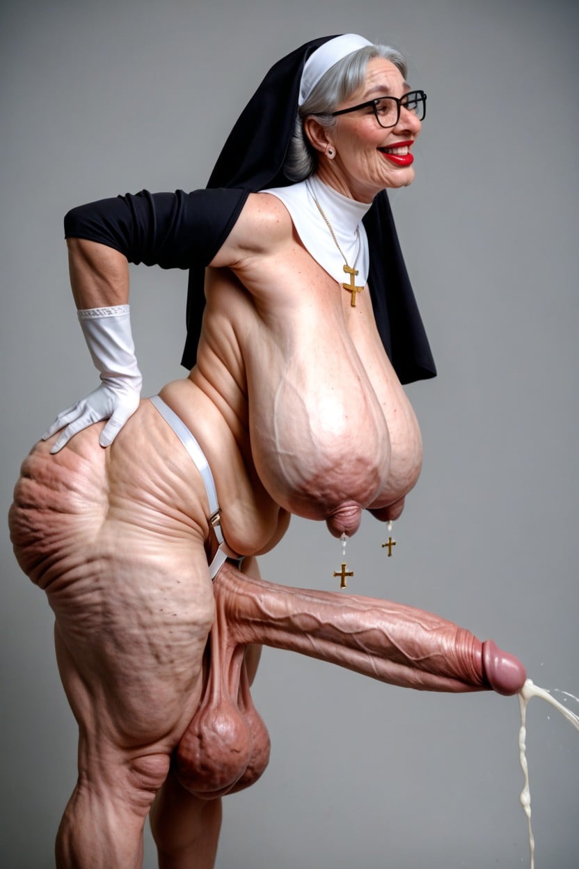 Extremely Low Hanging Balls, Shoulders Back, Hands On Hips Shemale AI Porn