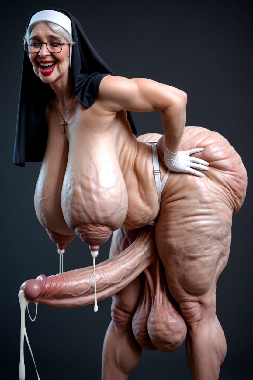 Side View, Extremely Low Hanging Balls, Parted Breasts Shemale AI Porn