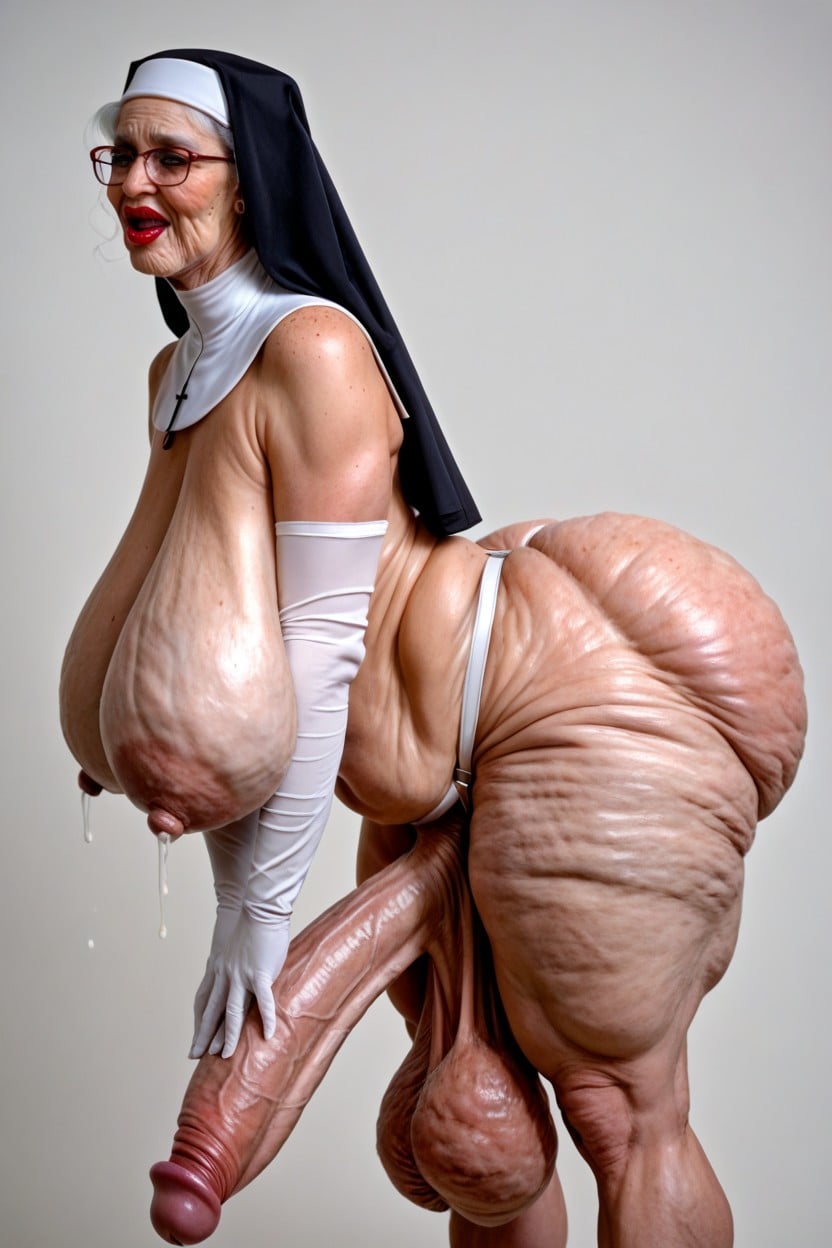 Red Lipstick, Old Lady, Extremely Low Hanging Balls Shemale AI Porn