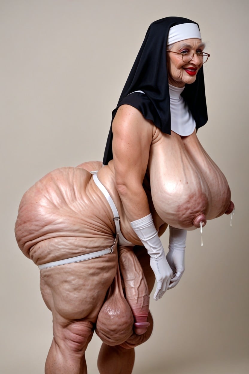 Belly Bulge, Extremely Low Hanging Balls, Flabby Wrinkly Arms Shemale AI Porn