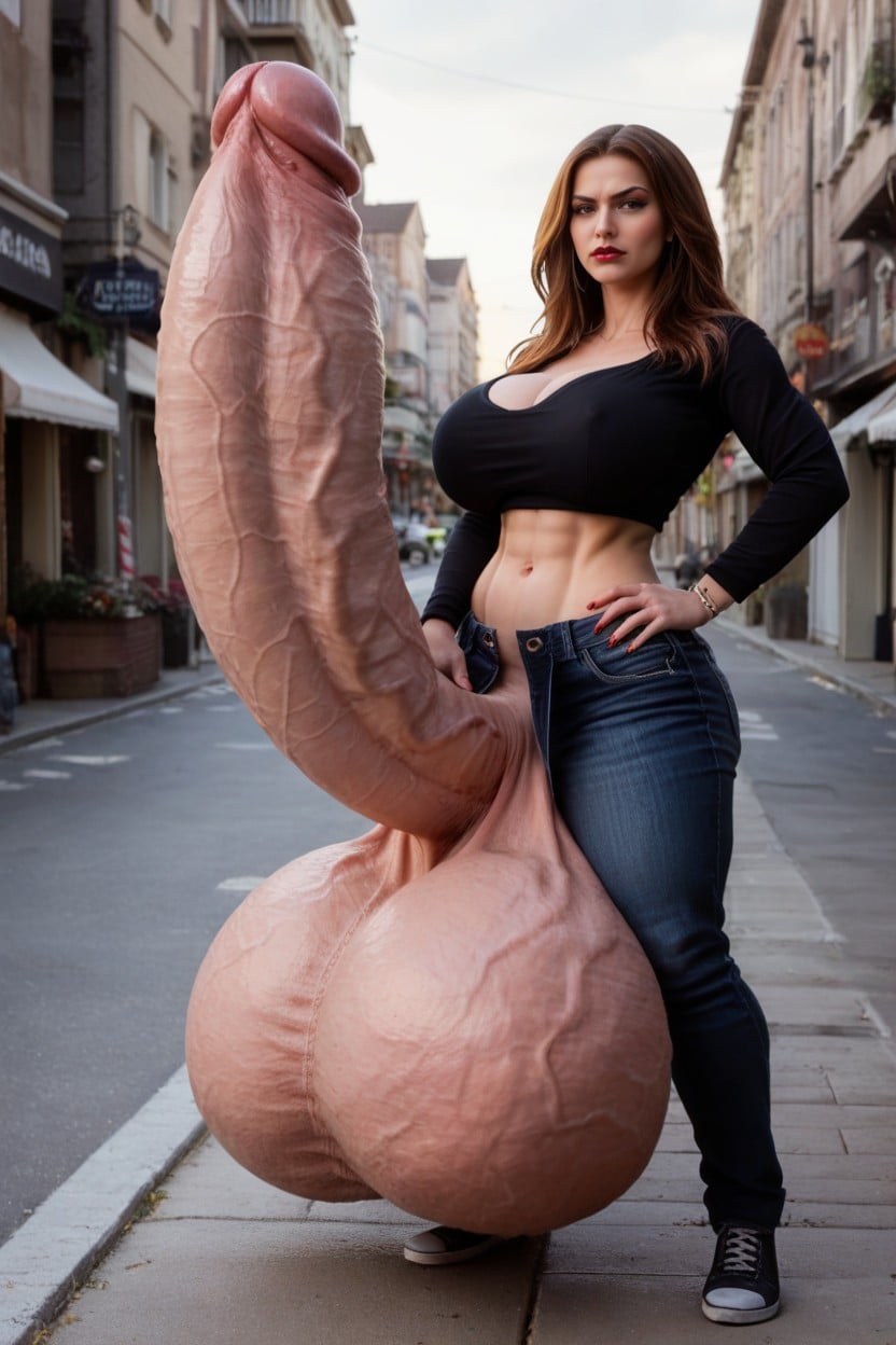 Full Body Shot, Cock Wider Than Torso, Hyper Long Thick Veiny Cock Shemale AI Porn
