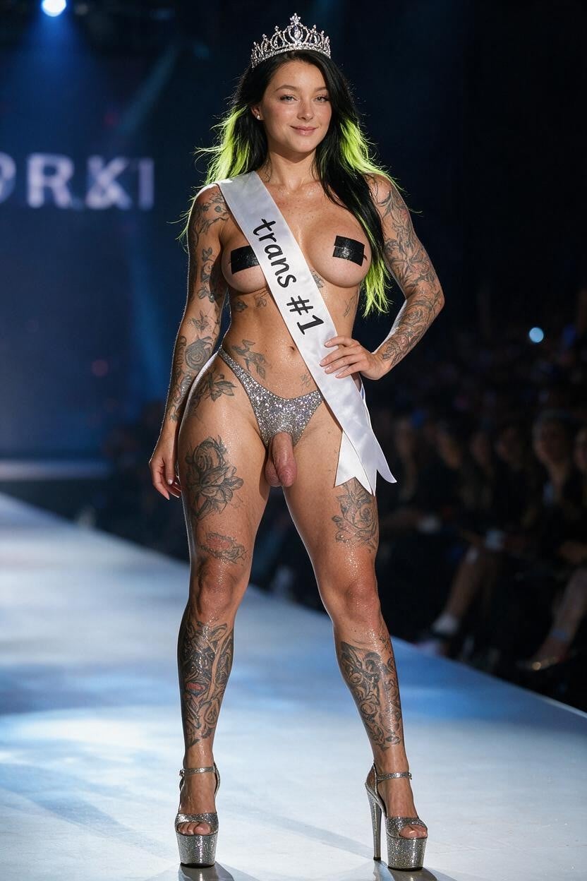 Victorias Secret Show, Curvy, Visible Penis And Balls Outside Thong Shemale AI Porn