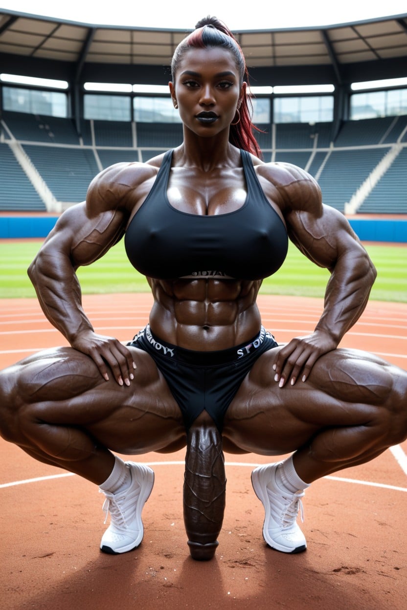Trim Waist, Gym Clothes Stop Above Thighs, Pitch Black Skin Shemale AI Porn