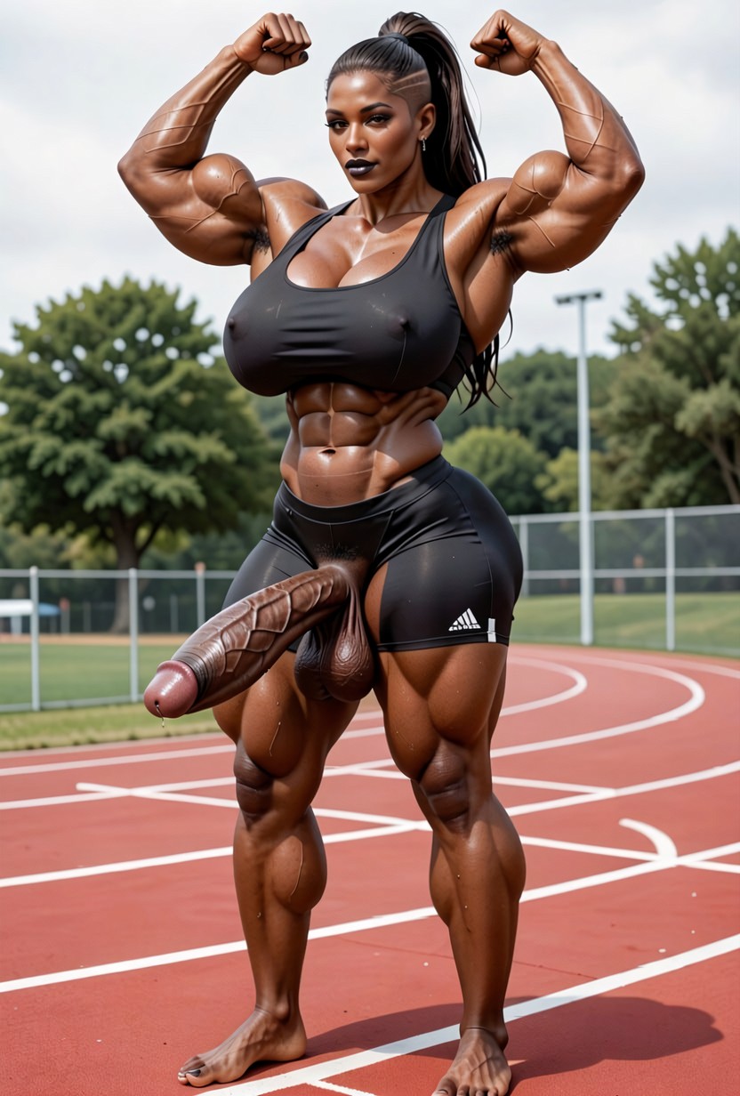 Wide Upper Body, Ultra Black Skin Tone, Cock Trying To Rip Out Of Clothes Shemale AI Porn