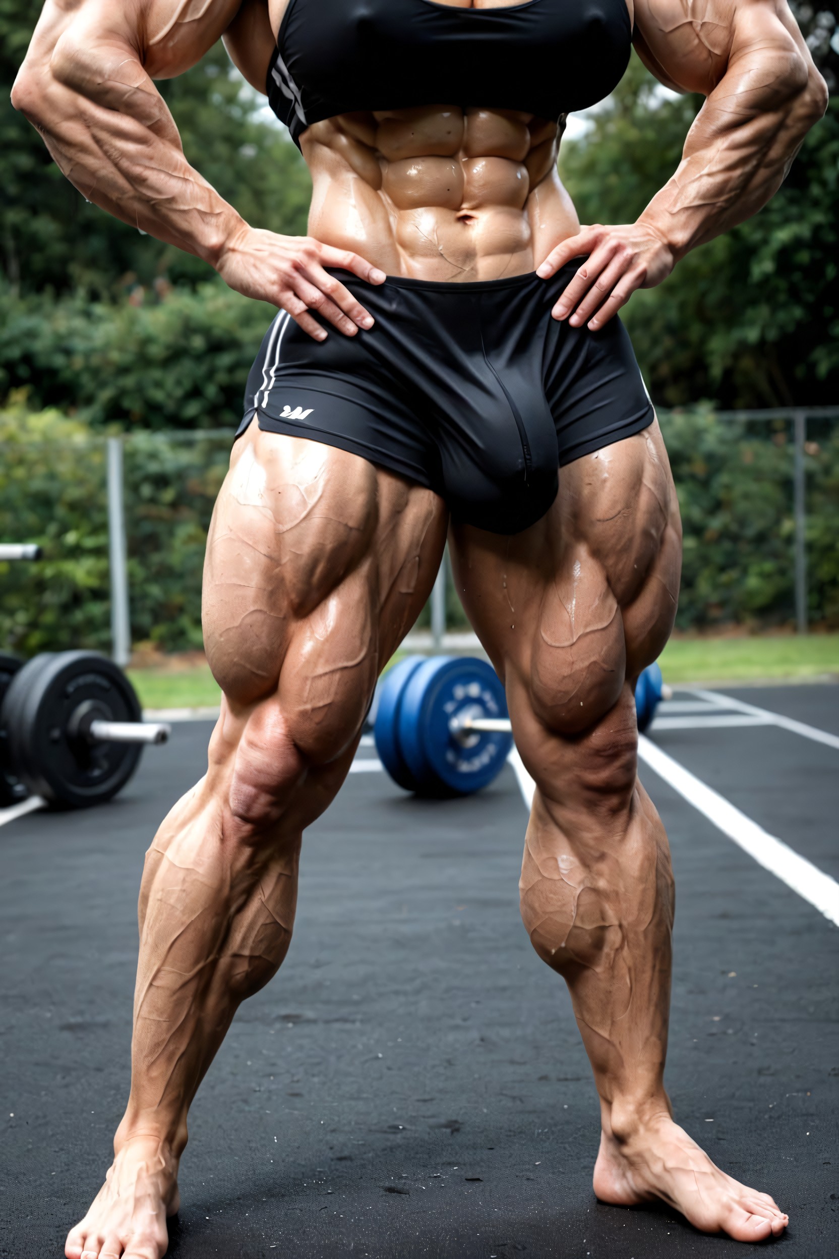 Huge Boobs, Cock Straining Against Compression Gym Bottoms, Giant Upper Body Frame Shemale AI Porn