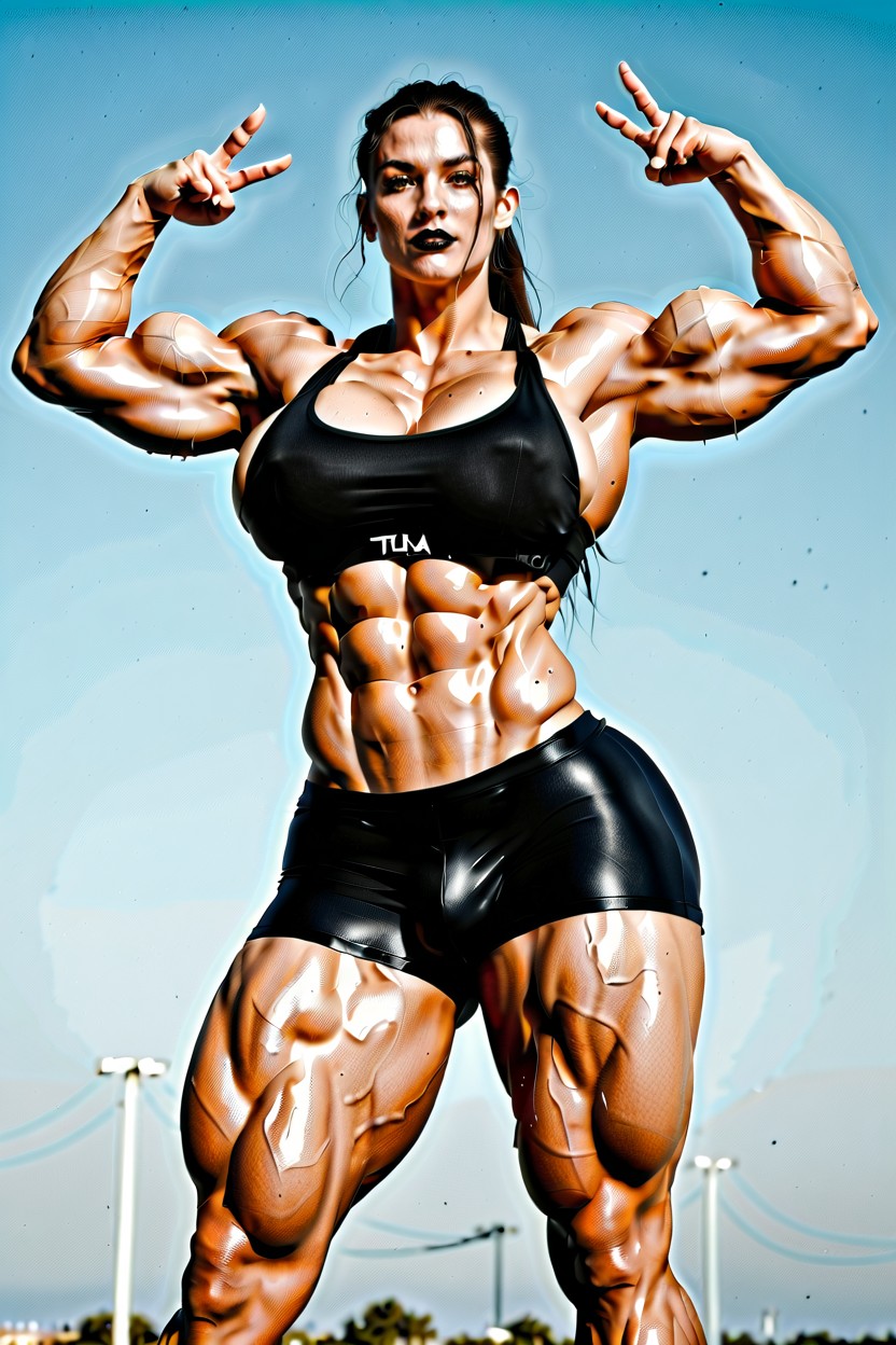 Chest Turned Towards Viewer, Insanely Huge Muscular Arms, Standing Shemale AI Porn
