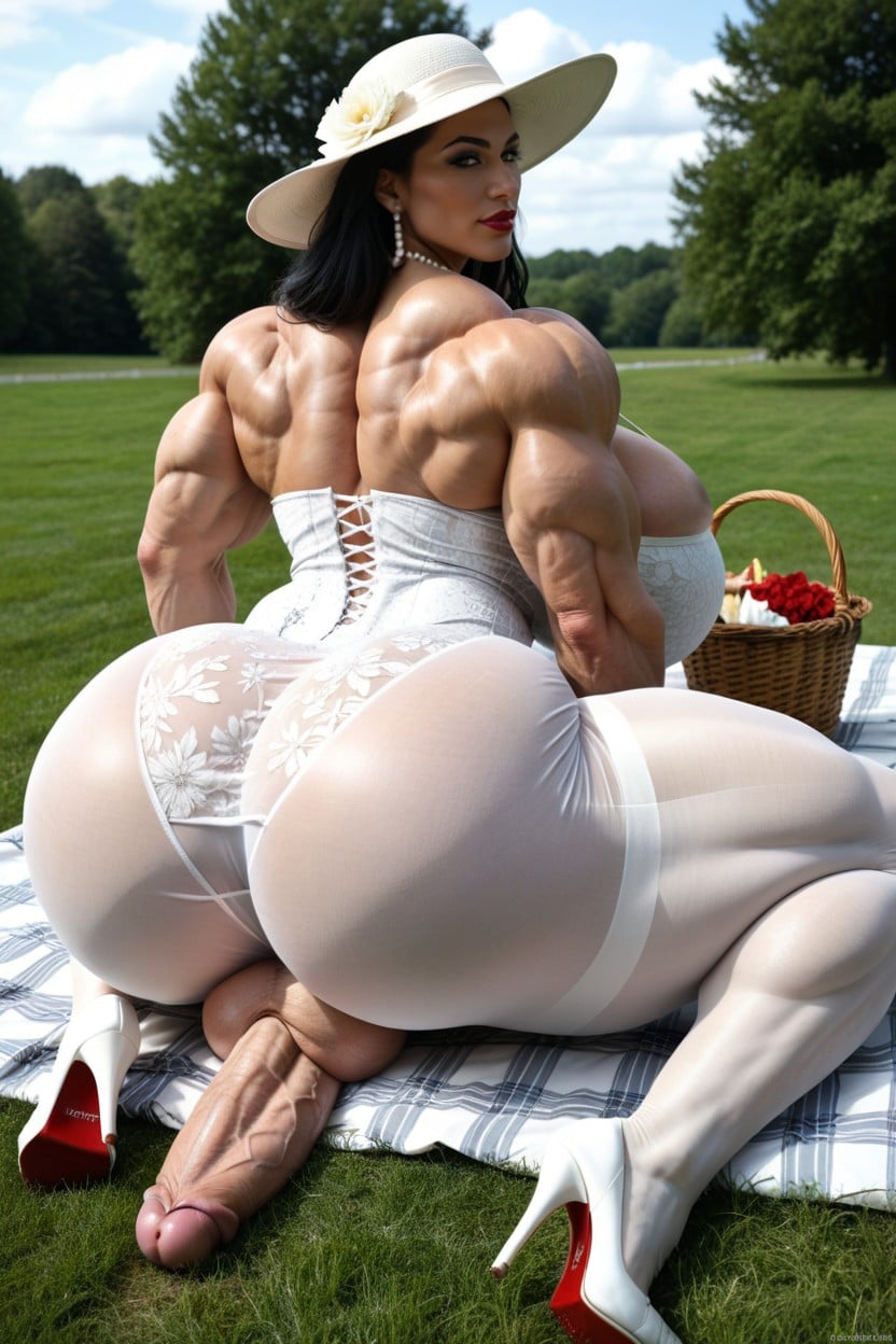 Hyper Gigantic Muscles, Heavy Black Eyeliner, Rear View Shemale AI Porn