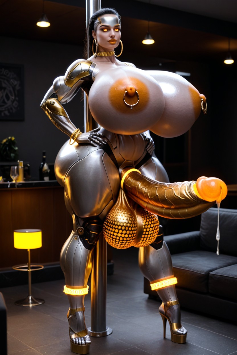 Midnight Black Robotized Android, Gold Chocker, Breast Expansion Shemale AI Porn