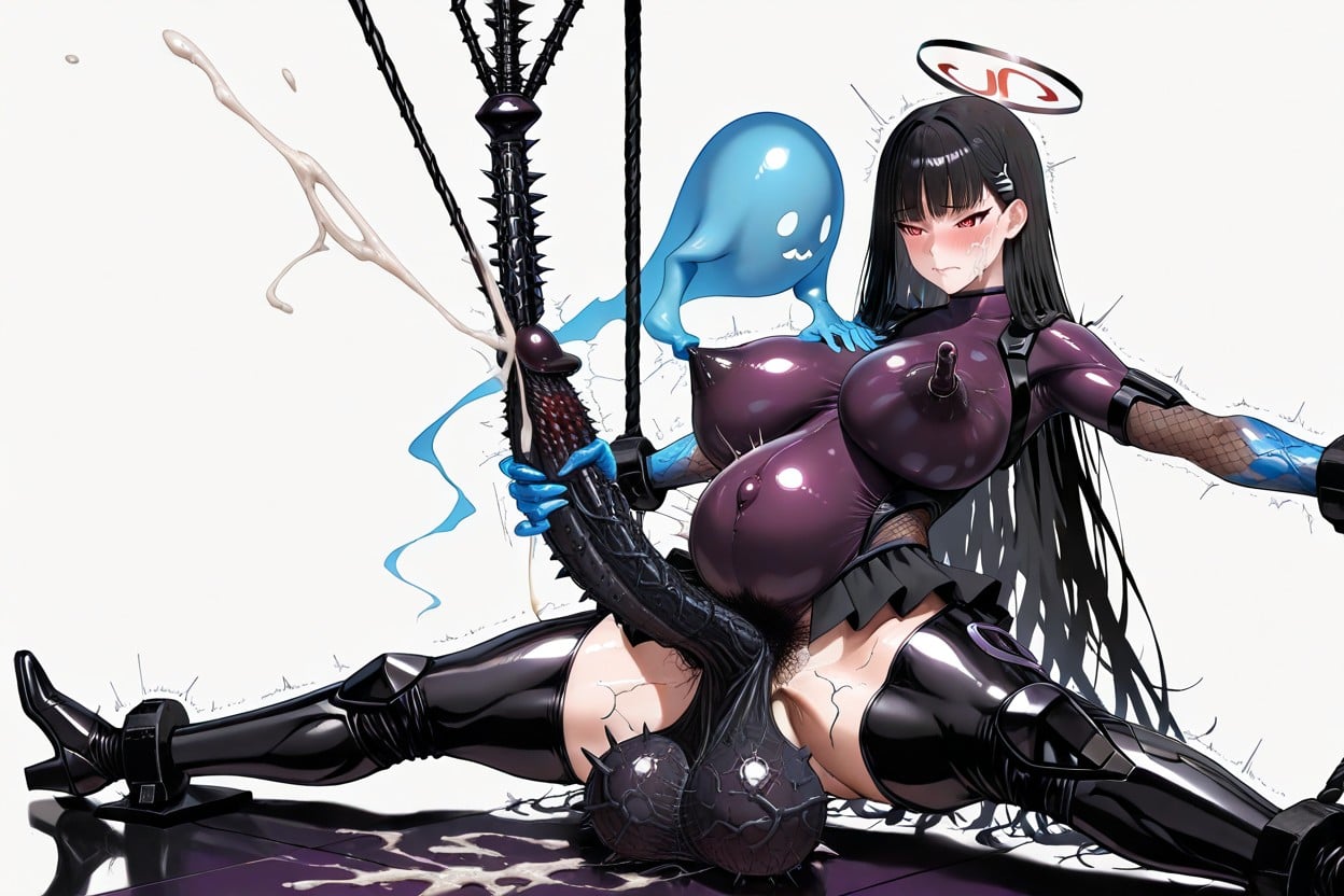 Wearing Purple Ripped Taimanin Asagi Official Bodysuit Black Leotard-like Battle Suit With A Deep Black Skirt, Blue Ghost Hands Handjob, Impossibly Thick Horsecock Shemale AI Porn