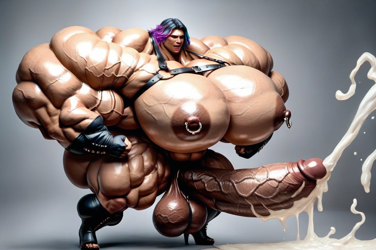 Gigantic, Flexing One Arm, Hair With Multicolored Highlights Shemale AI Porn