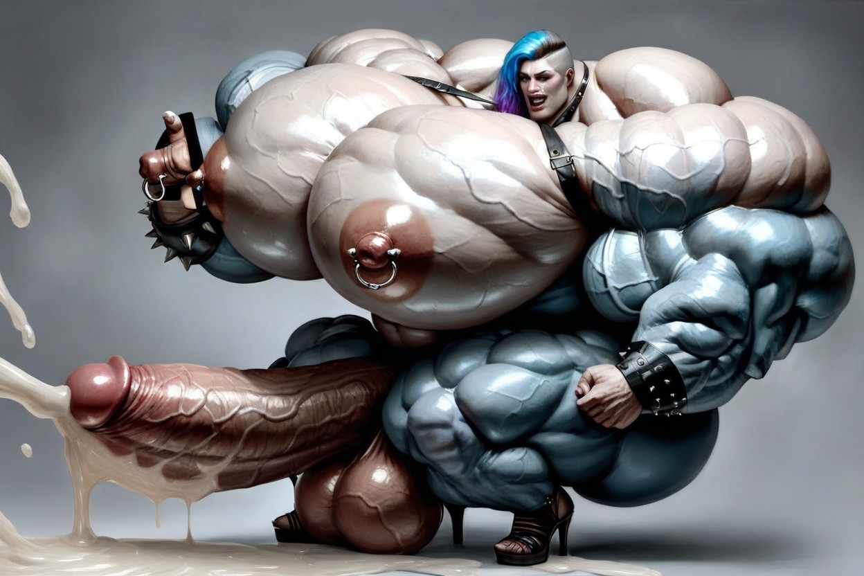 Gigantic Muscular Shoulders, Leather Spiked Bracers, Simple Grey Background Shemale AI Porn