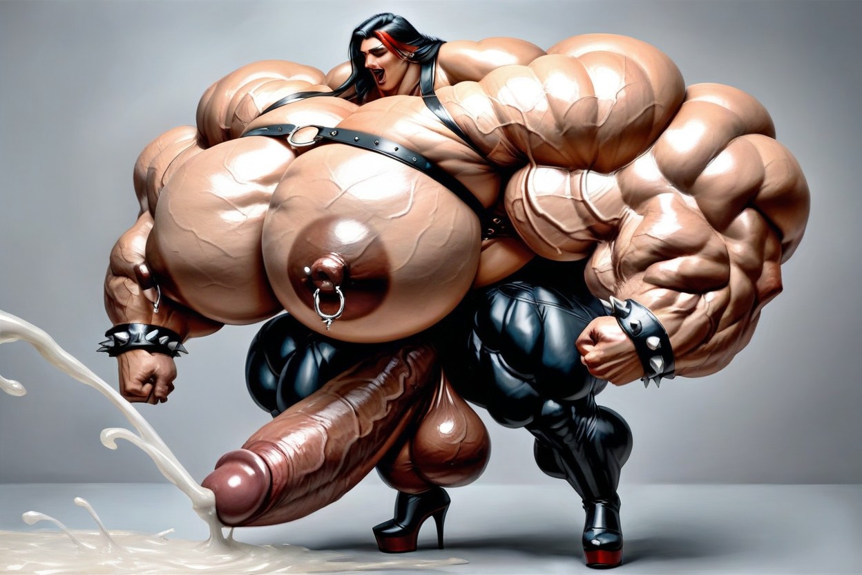 Leather Spiked Bracers, Flexing One Arm, Gigantic Muscular Quads Shemale AI Porn