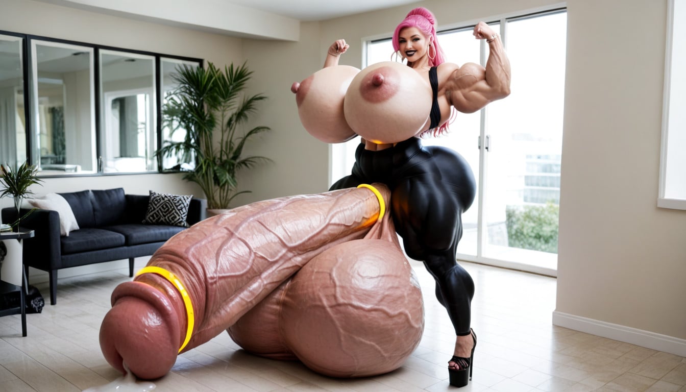 Cock Much Longer Than She Is Tall, Futanari, Gigantic Breasts Shemale AI Porn