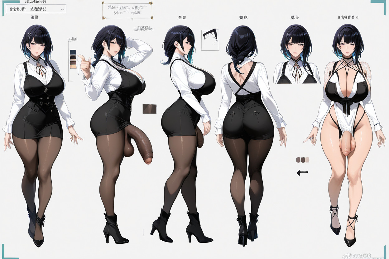 Model Sheet, Múltiples Vistas, Smooth Cock Porno shemale IA